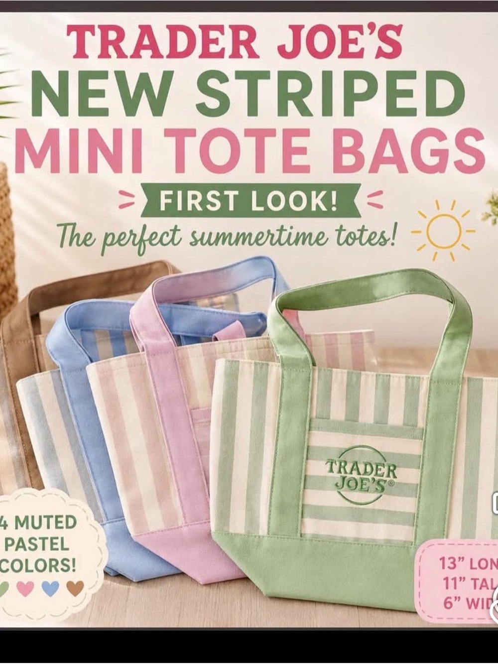 All 4 Trader Joe's Pastel Striped Mini Tote Bag Set